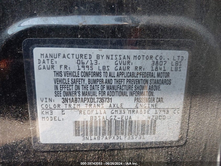 2013 Nissan Sentra Sl VIN: 3N1AB7APXDL735731 Lot: 39743053