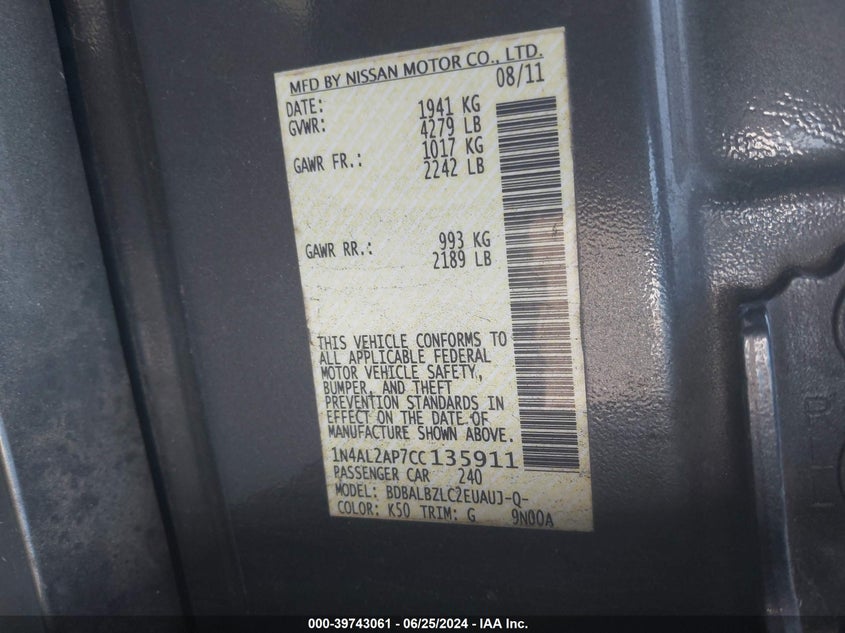 1N4AL2AP7CC135911 2012 Nissan Altima 2.5 S