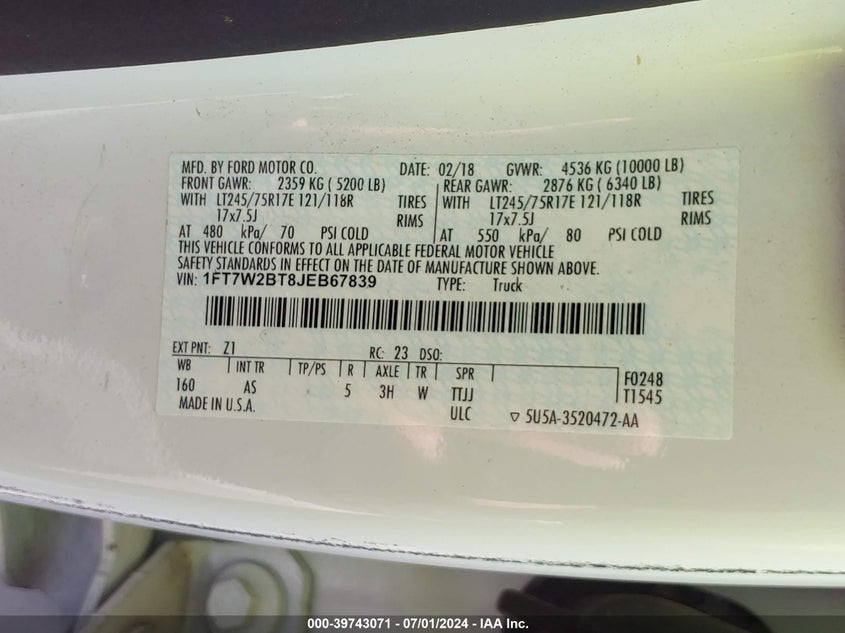 2018 Ford F-250 Xl VIN: 1FT7W2BT8JEB67839 Lot: 39743071