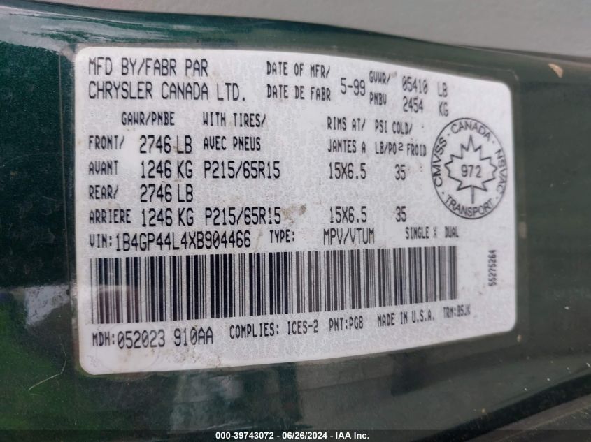 1999 Dodge Grand Caravan Se VIN: 1B4GP44L4XB904466 Lot: 39743072