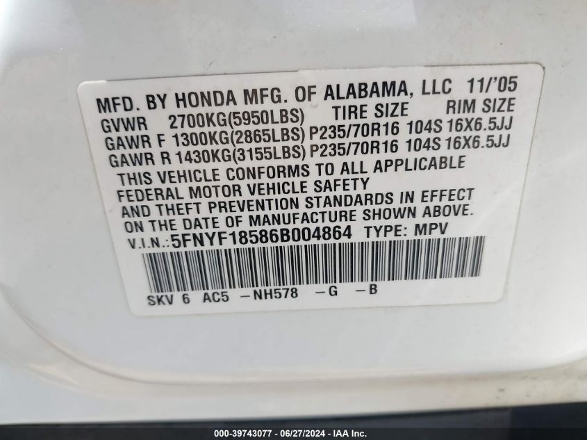 2006 Honda Pilot Ex-L VIN: 5FNYF18586B004864 Lot: 39743077