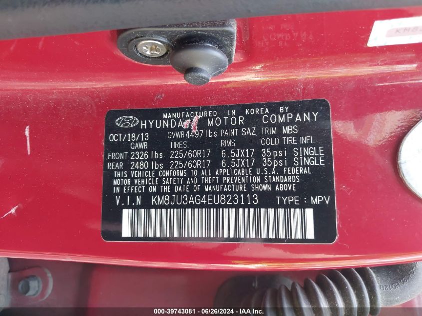 2014 Hyundai Tucson Se VIN: KM8JU3AG4EU823113 Lot: 39743081