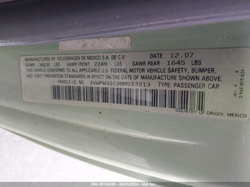 2008 Volkswagen New Beetle S VIN: 3VWPW31C98M513213 Lot: 39743092