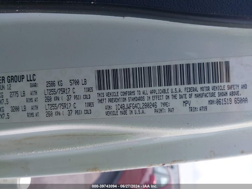 2012 Jeep Wrangler Unlimited Rubicon VIN: 1C4BJWFG4CL280246 Lot: 39743094