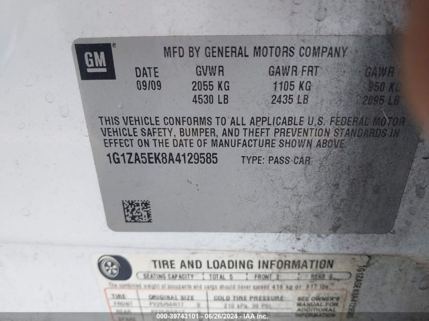 2010 Chevrolet Malibu Ls VIN: 1G1ZA5EK8A4129585 Lot: 39743101