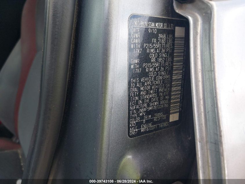 2011 Nissan Juke Sv VIN: JN8AF5MR7BT004786 Lot: 39743108