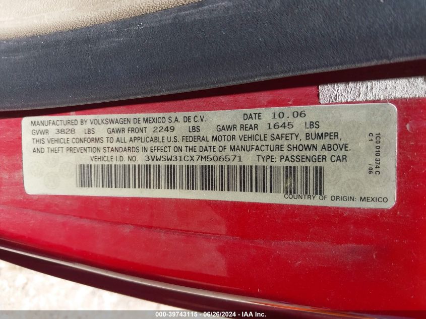 2007 Volkswagen New Beetle 2.5L Option Package 2 VIN: 3VWSW31CX7M506571 Lot: 39743115