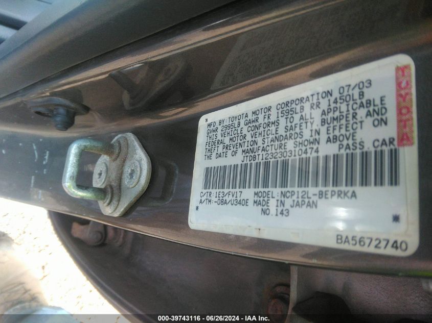 2003 Toyota Echo VIN: JTDBT123230310474 Lot: 39743116