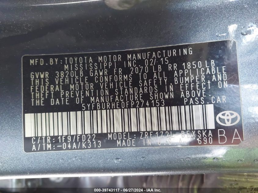 2015 Toyota Corolla L/Le/S/S Plus/Le Plus/Le Premium/S Premium VIN: 5YFBURHE0FP274153 Lot: 39743117