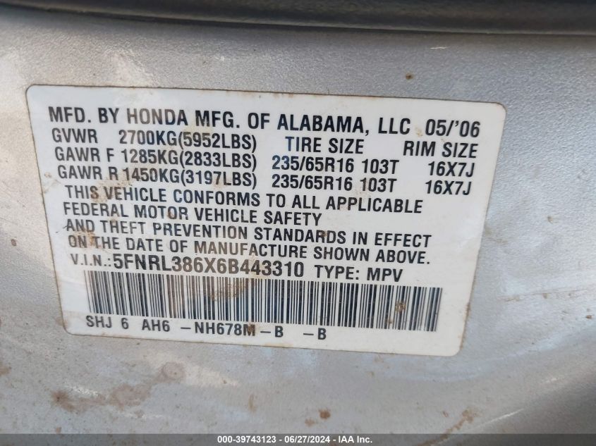 2006 Honda Odyssey Ex-L VIN: 5FNRL386X6B443310 Lot: 39743123