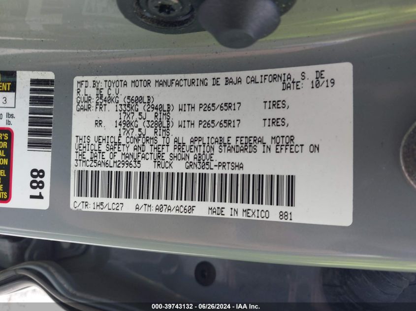 2020 Toyota Tacoma Double Cab/Sr/Sr5/Trd Spo VIN: 3TMCZ5AN6LM299635 Lot: 39743132