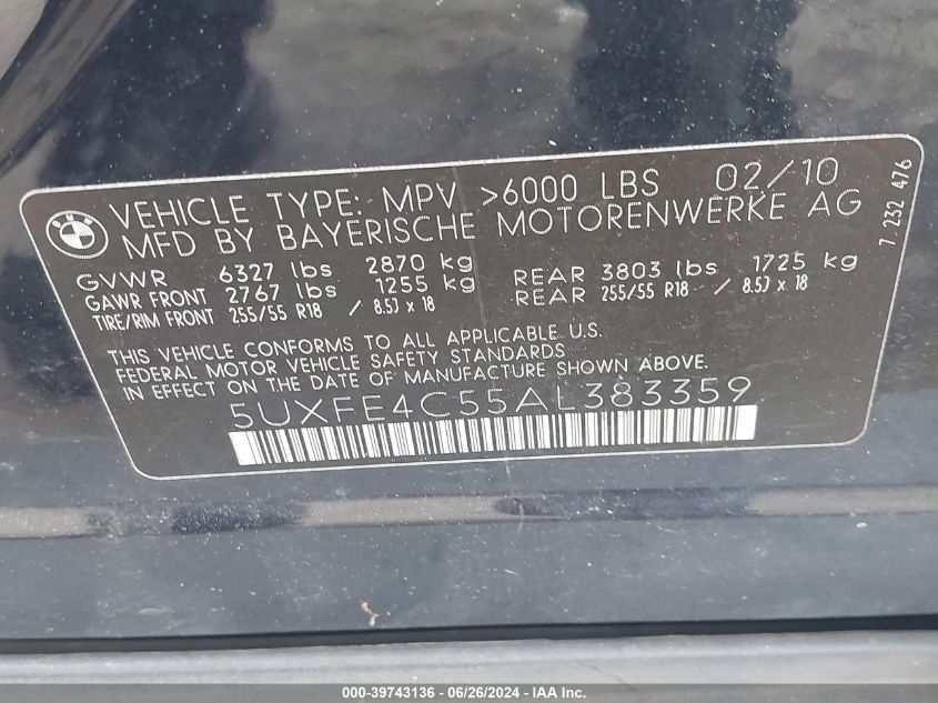 2010 BMW X5 xDrive30I VIN: 5UXFE4C55AL383359 Lot: 39743136