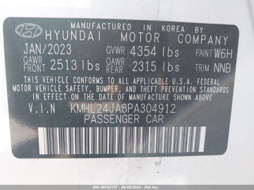 2023 Hyundai Sonata Se VIN: KMHL24JA8PA304912 Lot: 39743137