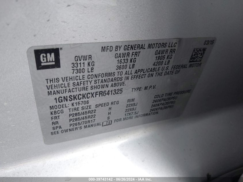 2015 Chevrolet Tahoe K1500 Ltz VIN: 1GNSKCKCXFR641325 Lot: 39743142
