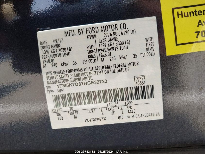 2017 Ford Explorer Xlt VIN: 1FM5K7D87HGE32723 Lot: 39743153