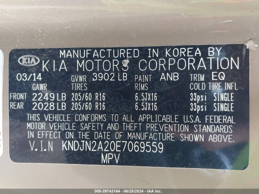 2014 Kia Soul VIN: KNDJN2A20E7069559 Lot: 39743164