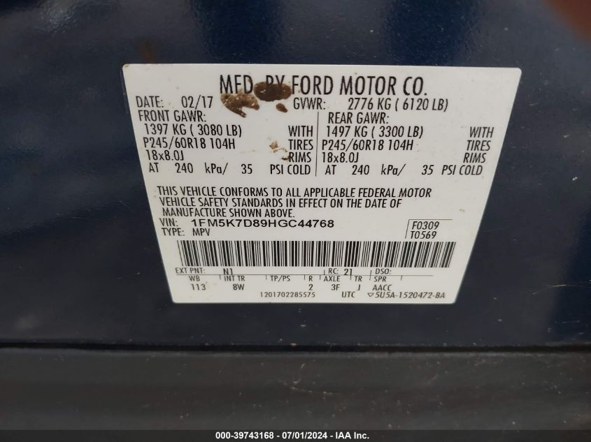 2017 Ford Explorer Xlt VIN: 1FM5K7D89HGC44768 Lot: 39743168