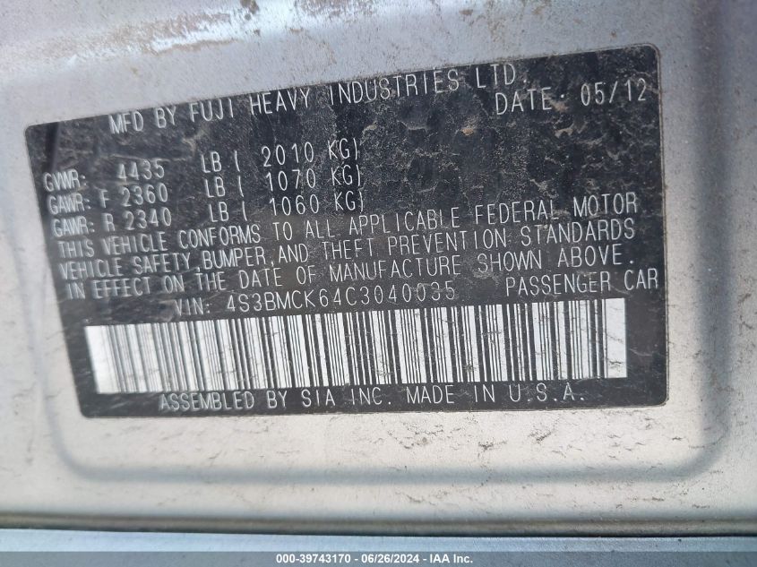 2012 Subaru Legacy 2.5I Limited VIN: 4S3BMCK64C3040035 Lot: 39743170