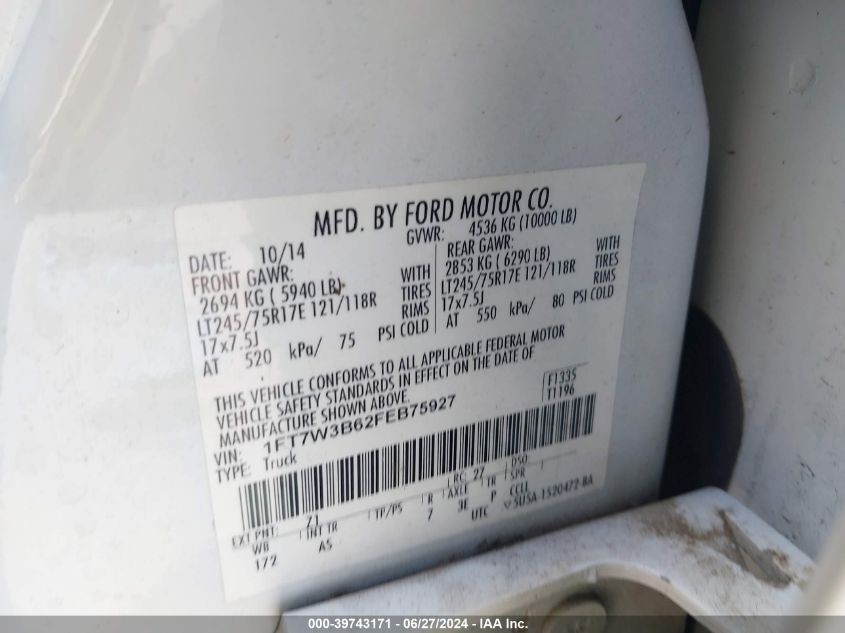 2015 Ford F-350 Xl VIN: 1FT7W3B62FEB75927 Lot: 39743171