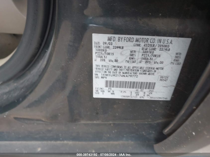 2004 Ford Escape Xls VIN: 1FMYU92174KA79772 Lot: 39743192