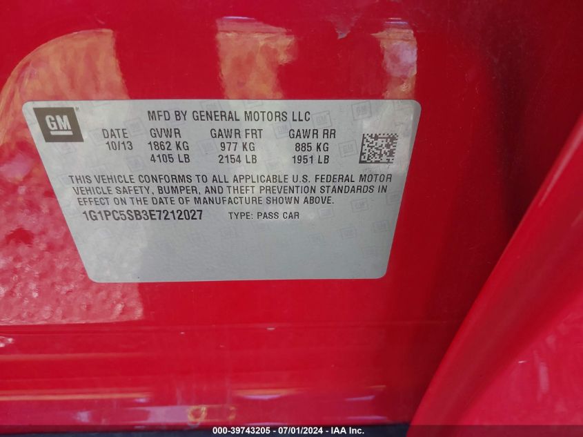 2014 Chevrolet Cruze 1Lt Auto VIN: 1G1PC5SB3E7212027 Lot: 39743205