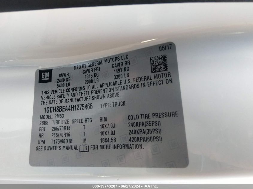 2017 Chevrolet Colorado Wt VIN: 1GCHSBEA4H1275466 Lot: 39743207