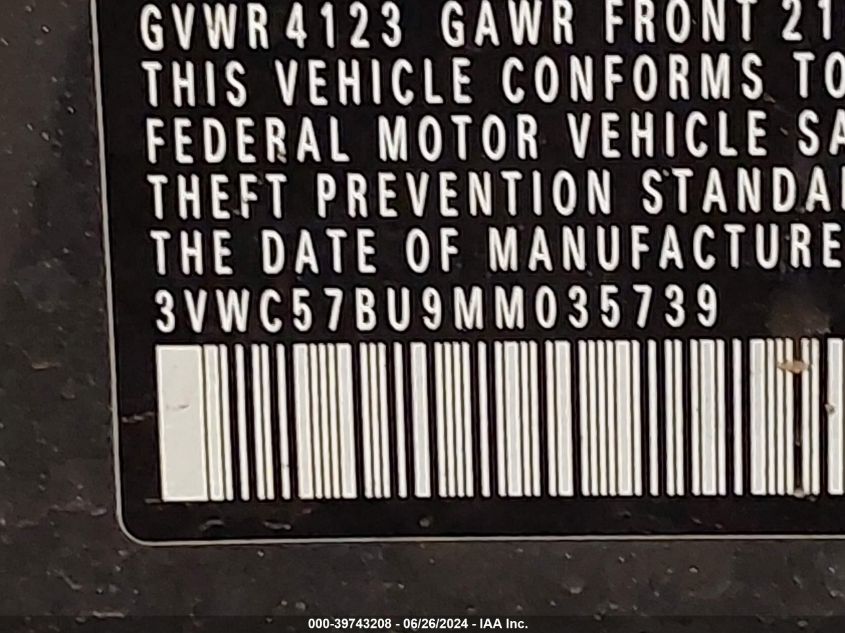 2021 Volkswagen Jetta S/Se/R-Line VIN: 3VWC57BU9MM035739 Lot: 39743208