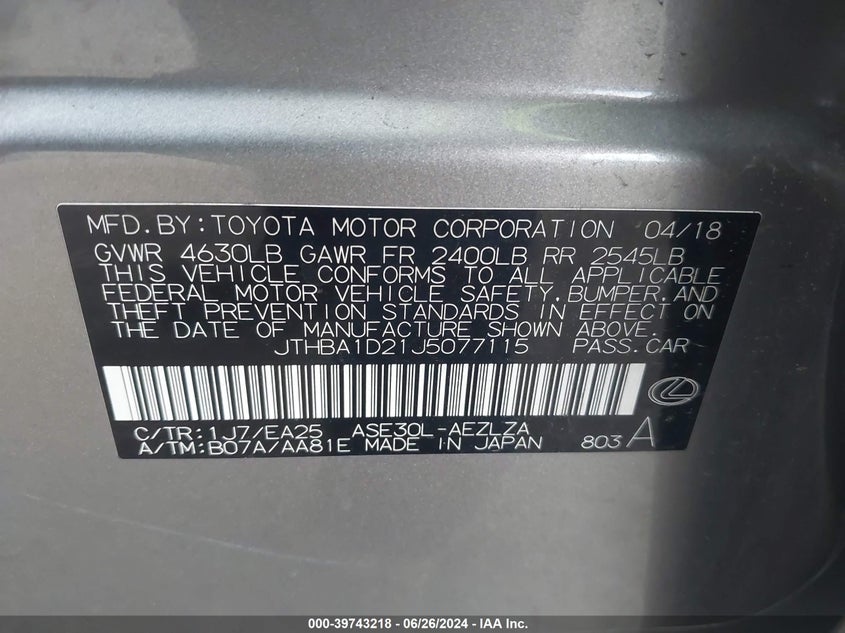 2018 LEXUS IS 300 - JTHBA1D21J5077115