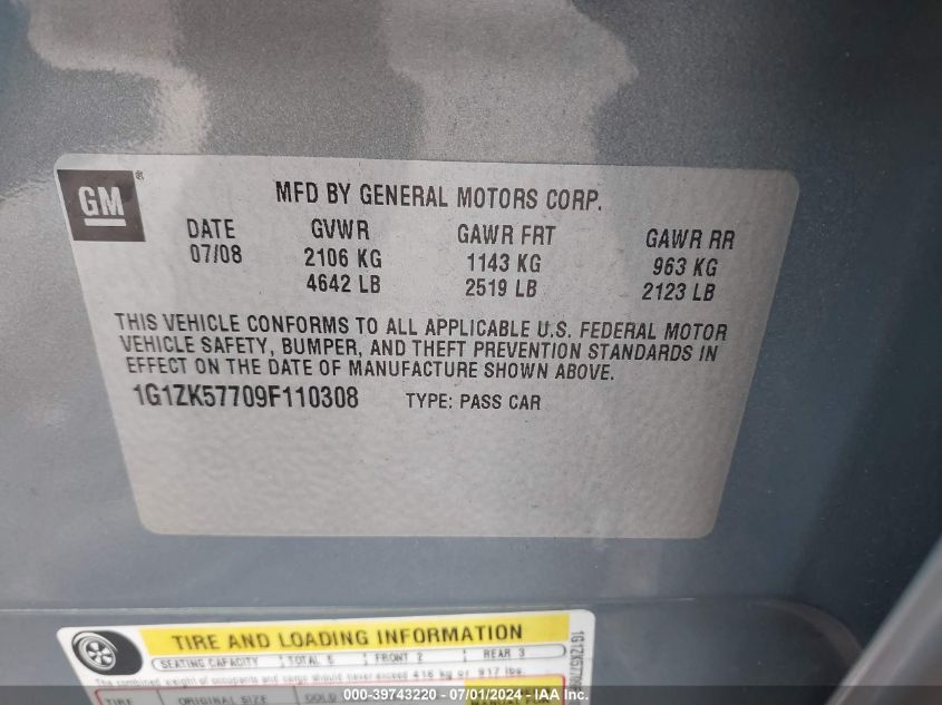 2009 Chevrolet Malibu Ltz VIN: 1G1ZK57709F110308 Lot: 39743220