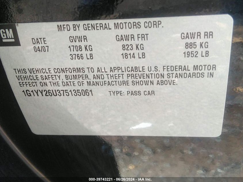 2007 Chevrolet Corvette VIN: 1G1YY26U375135061 Lot: 39743221