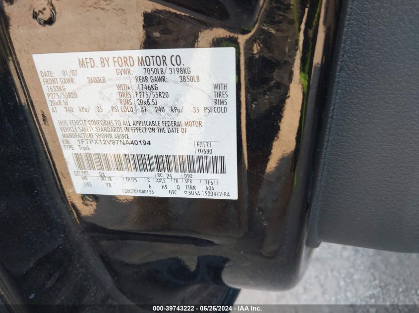 2007 Ford F-150 Lariat/Stx/Xl/Xlt VIN: 1FTPX12V97NA40194 Lot: 39743222