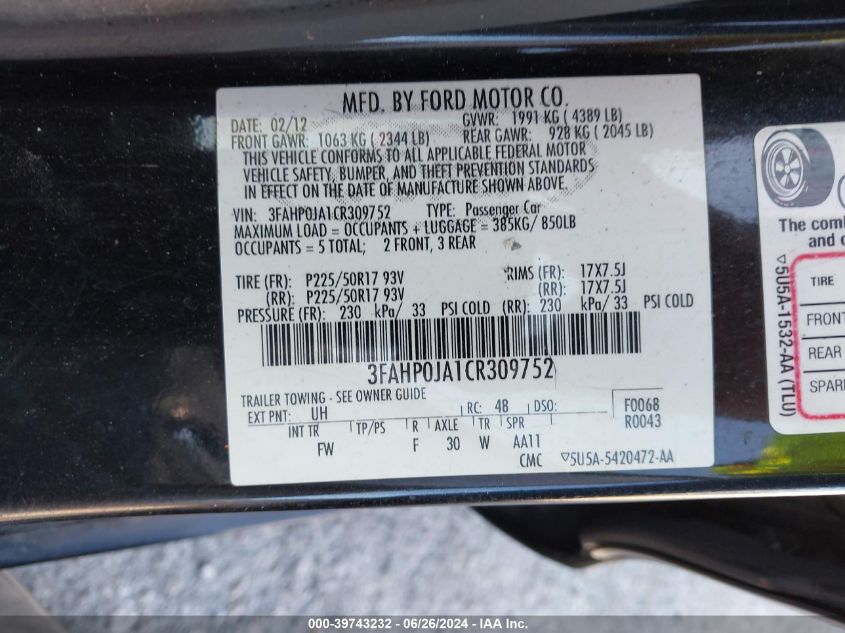 2012 Ford Fusion Sel VIN: 3FAHP0JA1CR309752 Lot: 39743232