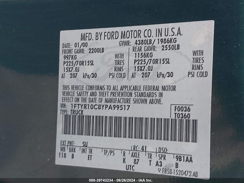 2000 Ford Ranger Xl/Xlt VIN: 1FTYR10C8YPA99517 Lot: 39743234