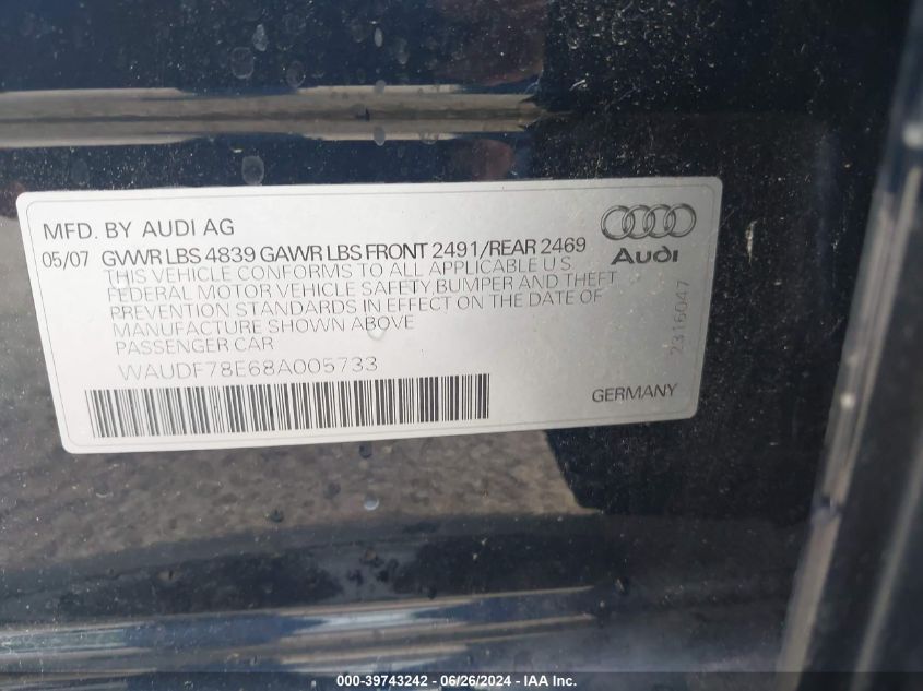 2008 Audi A4 2.0T VIN: WAUDF78E68A005733 Lot: 39743242