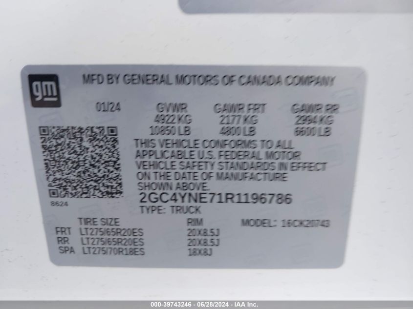 2024 Chevrolet Silverado 2500Hd Lt VIN: 2GC4YNE71R1196786 Lot: 39743246