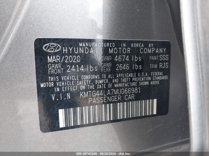 2021 Genesis G70 2.0T Rwd VIN: KMTG44LA7MU066981 Lot: 39743249