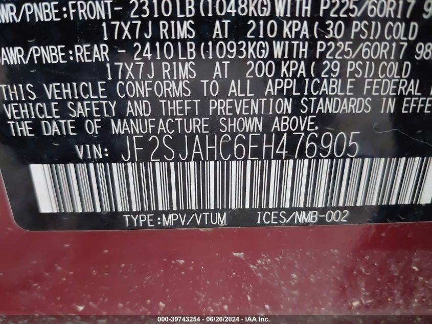 2014 Subaru Forester 2.5I Limited VIN: JF2SJAHC6EH476905 Lot: 39743254