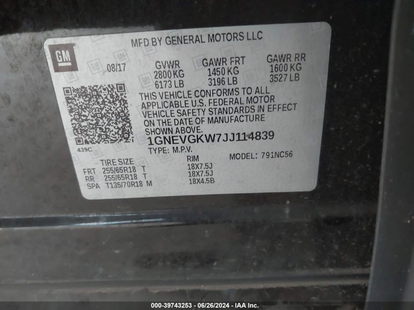 2018 Chevrolet Traverse Lt VIN: 1GNEVGKW7JJ114839 Lot: 39743253