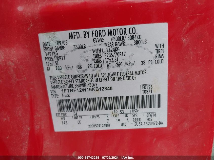 2006 Ford F150 VIN: 1FTRF12W16KB12848 Lot: 39743259