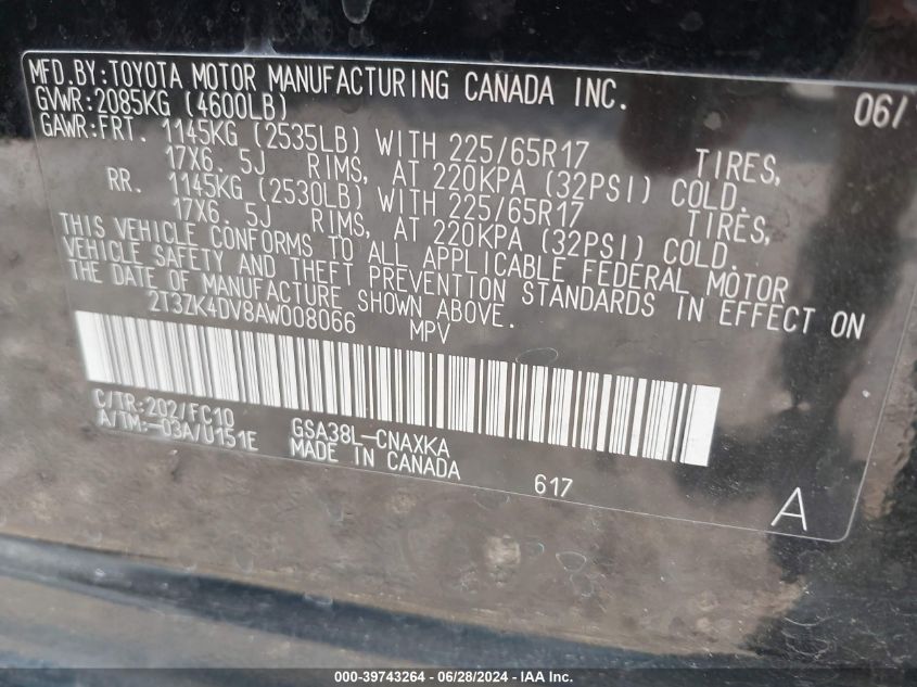 2010 Toyota Rav4 Base V6 VIN: 2T3ZK4DV8AW008066 Lot: 39743264