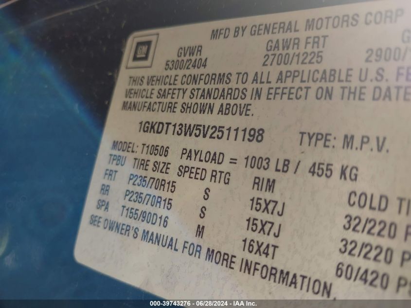 1997 GMC Jimmy Slt VIN: 1GKDT13W5V2511198 Lot: 39743276