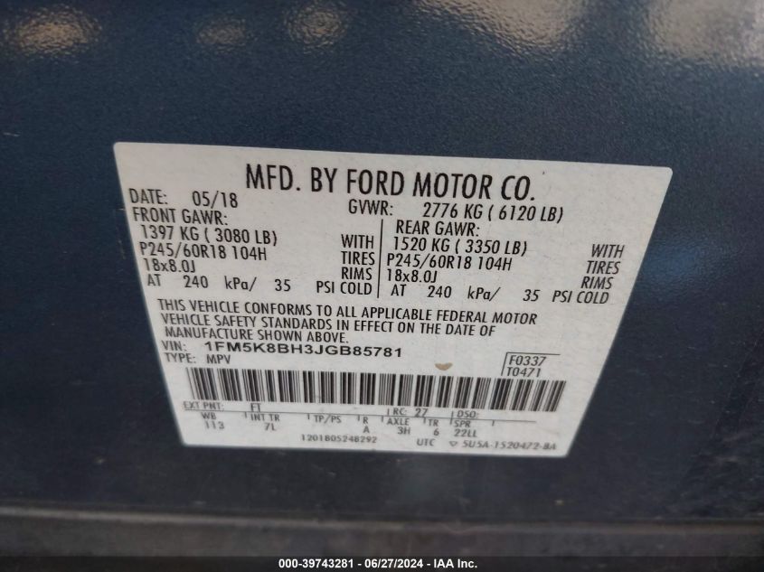 2018 Ford Explorer VIN: 1FM5K8BH3JGB85781 Lot: 39743281