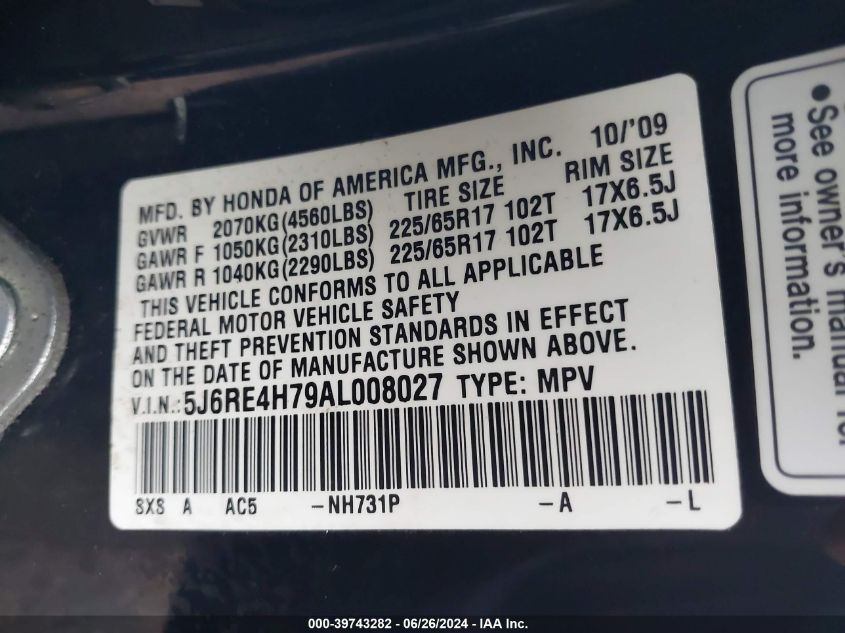 2010 Honda Cr-V Ex-L VIN: 5J6RE4H79AL008027 Lot: 39743282