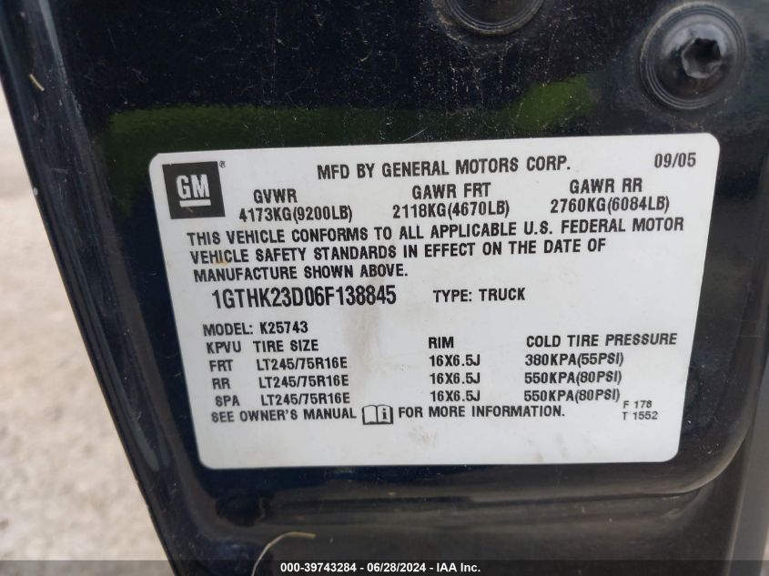 2006 GMC Sierra 2500Hd Slt VIN: 1GTHK23D06F138845 Lot: 39743284
