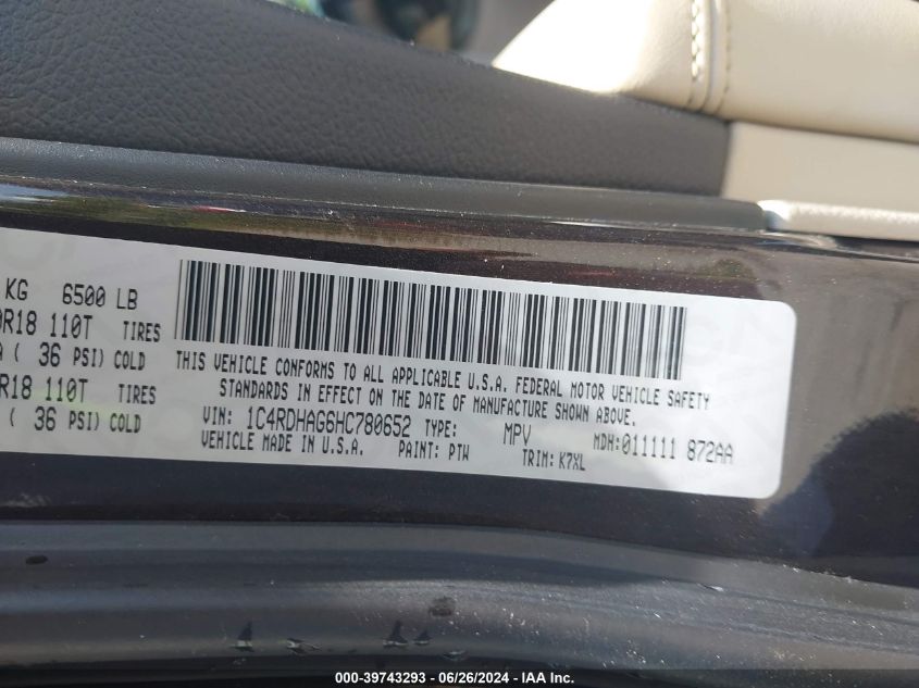 2017 Dodge Durango Sxt Rwd VIN: 1C4RDHAG6HC780652 Lot: 39743293