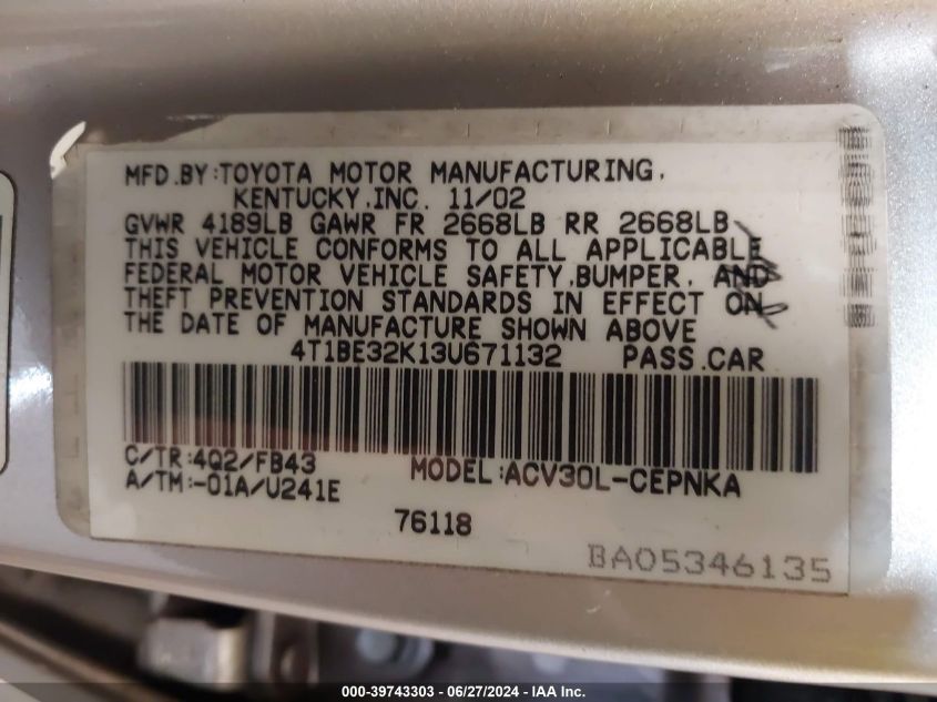 2003 Toyota Camry Le VIN: 4T1BE32K13U671132 Lot: 39743303