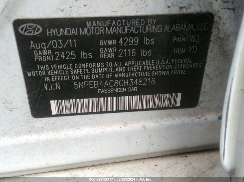 5NPEB4AC8CH348216 2012 Hyundai Sonata Gls