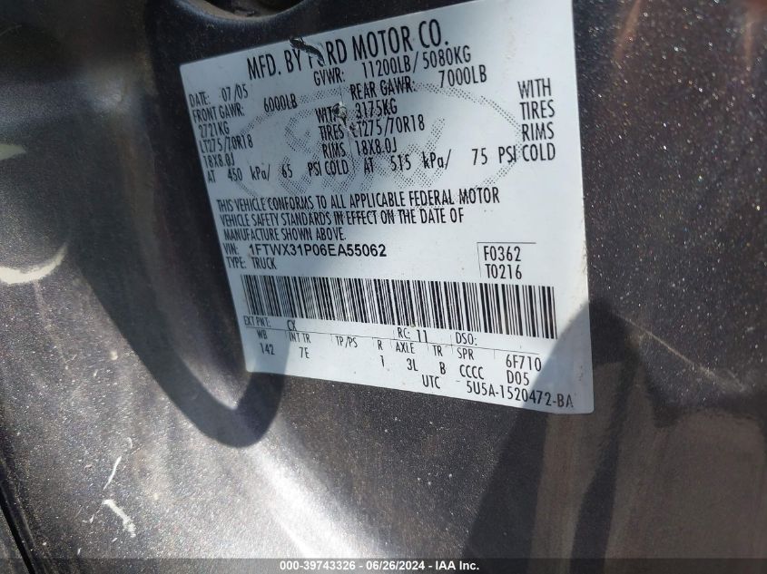 2006 Ford F-350 Lariat/Xl/Xlt VIN: 1FTWX31P06EA55062 Lot: 39743326