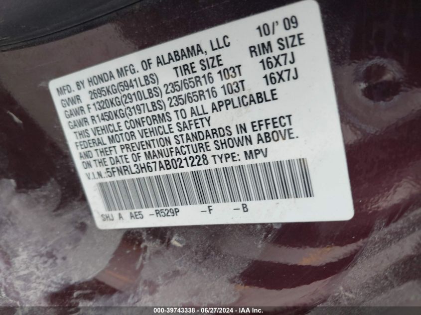 2010 Honda Odyssey Ex-L VIN: 5FNRL3H67AB021228 Lot: 39743338