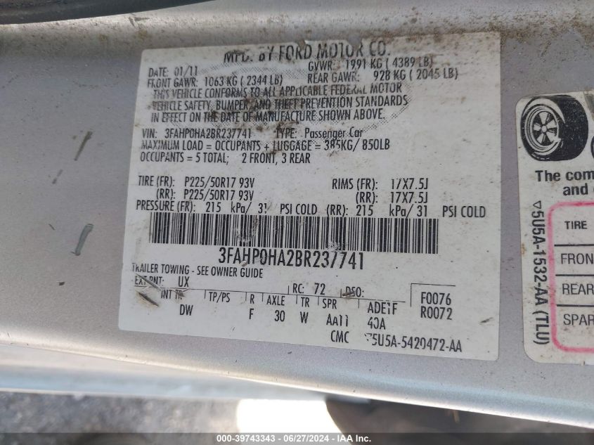2011 Ford Fusion Se VIN: 3FAHP0HA2BR237741 Lot: 39743343